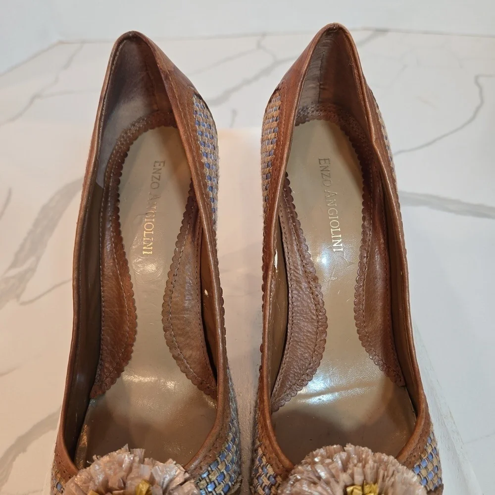 Enzo Angiolini Floral Weave Leather Peep Toe Fairycore Boho Heels Brown Blue 8.5